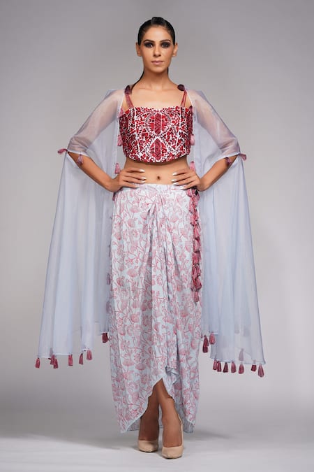 Shruti S Grey Dhoti And Crop Top Silk Embroidery Sequin Cape Open & Draped Skirt Set