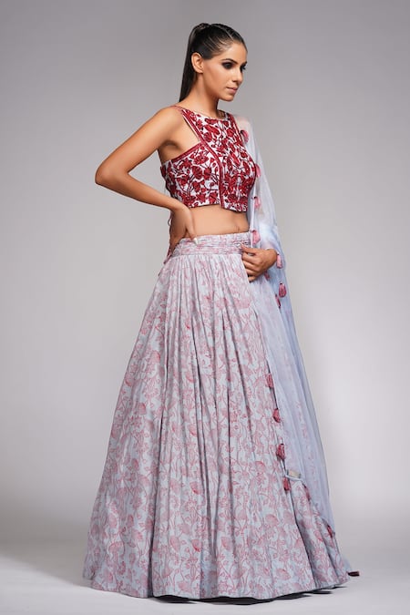 Shruti S_Grey Dupatta Organza, Lehenga And Blouse Silk Cutdana, Floral Round Printed Set_Online_at_Aza_Fashions