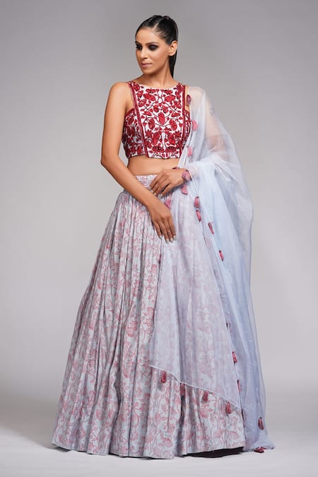 Buy Grey Lehenga And Blouse Silk Printed Floral Round Placement Set For  Women by Divya Kanakia Online at Aza Fashions.