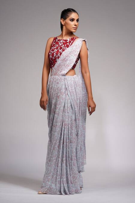 Buy_Shruti S_Grey Blouse Silk, Saree Georgette Cutdana, Printed Bell Bottom Pant With_Online_at_Aza_Fashions
