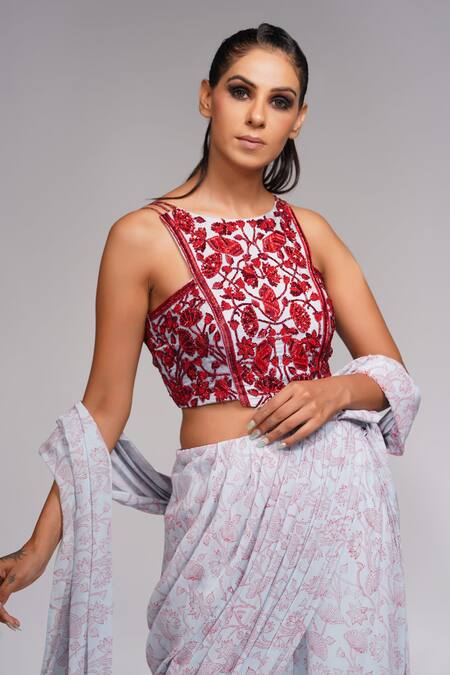 Shruti S_Grey Blouse Silk, Saree Georgette Cutdana, Printed Bell Bottom Pant With_at_Aza_Fashions