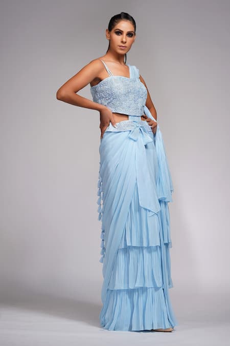 Shruti S_Blue Blouse Silk, Saree Georgette Sequin Sweetheart Ruffle Pre-draped With_Online_at_Aza_Fashions