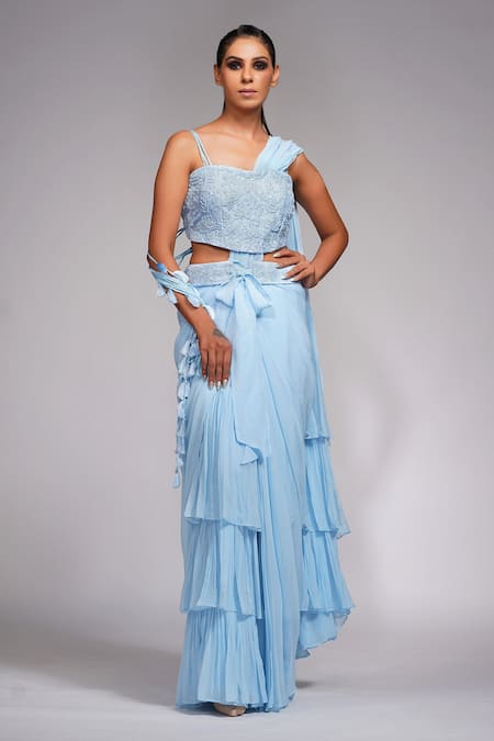 Buy_Shruti S_Blue Blouse Silk, Saree Georgette Sequin Sweetheart Ruffle Pre-draped With_Online_at_Aza_Fashions