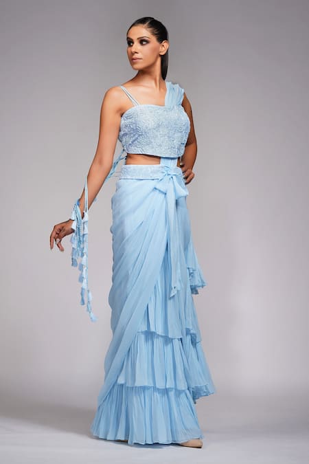 Shop_Shruti S_Blue Blouse Silk, Saree Georgette Sequin Sweetheart Ruffle Pre-draped With_Online_at_Aza_Fashions