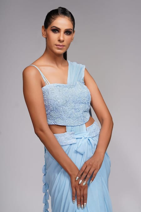 Shruti S_Blue Blouse Silk, Saree Georgette Sequin Sweetheart Ruffle Pre-draped With_at_Aza_Fashions