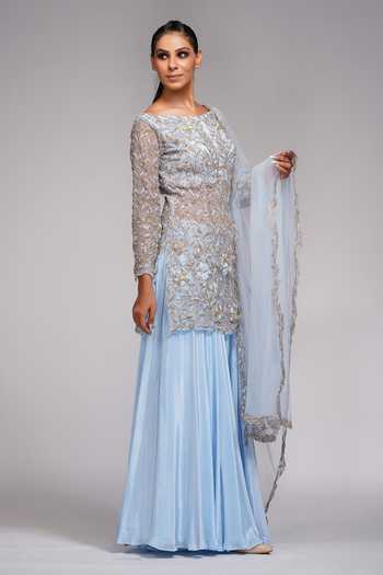 Shruti S_Blue Kurta And Dupatta Star Net, Sharara  Crepe Floral, Embroidered Set _Online_at_Aza_Fashions