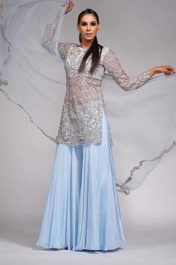 Buy_Shruti S_Blue Kurta And Dupatta Star Net, Sharara  Crepe Floral, Embroidered Set _Online_at_Aza_Fashions