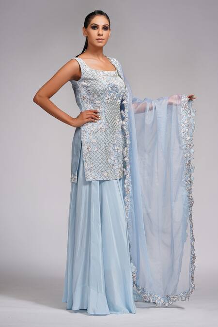 Shruti S_Blue Dupatta Organza, Kurta Silk, Sharara Crepe Cutdana, Embroidered Set_Online_at_Aza_Fashions