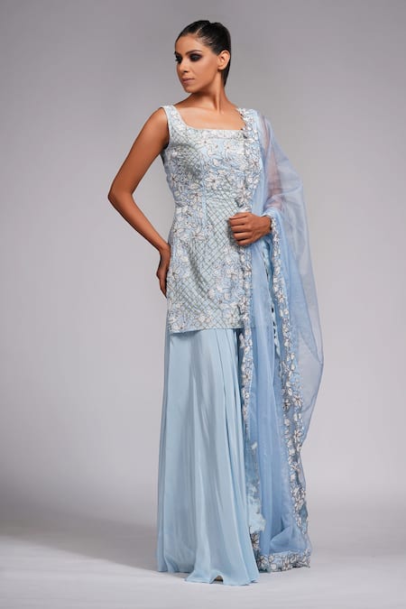 Buy_Shruti S_Blue Dupatta Organza, Kurta Silk, Sharara Crepe Cutdana, Embroidered Set_Online_at_Aza_Fashions