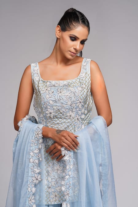 Shruti S_Blue Dupatta Organza, Kurta Silk, Sharara Crepe Cutdana, Embroidered Set_at_Aza_Fashions