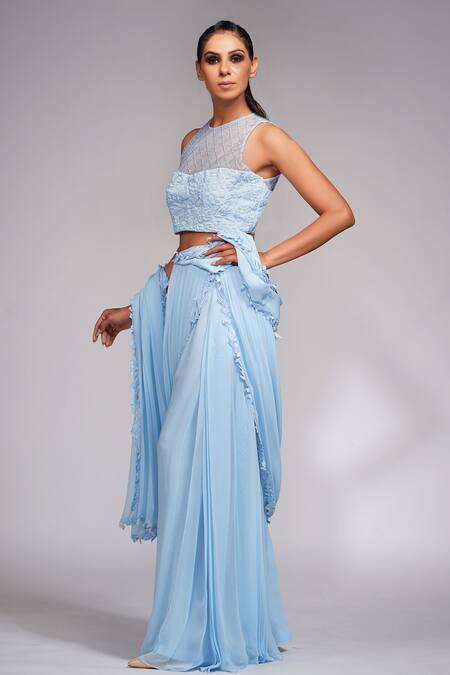 Shruti S_Blue Blouse Silk, Saree Georgette Sequin Round Bell Bottom Pant With_Online_at_Aza_Fashions