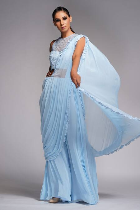 Buy_Shruti S_Blue Blouse Silk, Saree Georgette Sequin Round Bell Bottom Pant With_Online_at_Aza_Fashions
