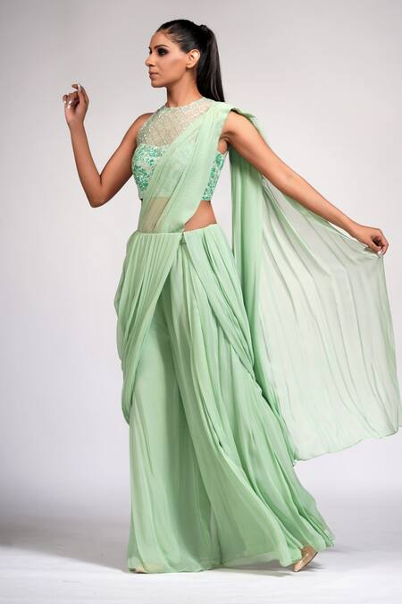 Shruti S_Green Blouse Silk, Saree Georgette Sequin Round Bell Bottom Pant With_Online_at_Aza_Fashions