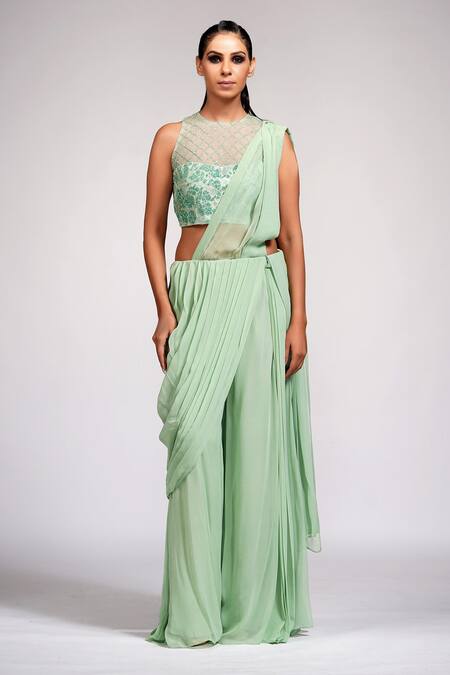 Buy_Shruti S_Green Blouse Silk, Saree Georgette Sequin Round Bell Bottom Pant With_Online_at_Aza_Fashions