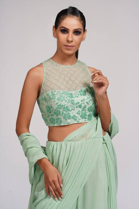 Shop_Shruti S_Green Blouse Silk, Saree Georgette Sequin Round Bell Bottom Pant With_Online_at_Aza_Fashions