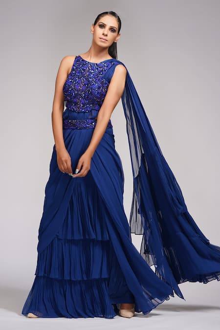 Shruti S Blue Saree Georgette Embroidery Sequin Round Ruffle Pre-draped With Blouse 