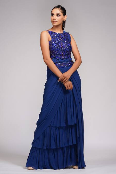 Shruti S_Blue Blouse Silk, Saree Georgette Pearl, Sequin Round Ruffle Pre-draped With_Online_at_Aza_Fashions