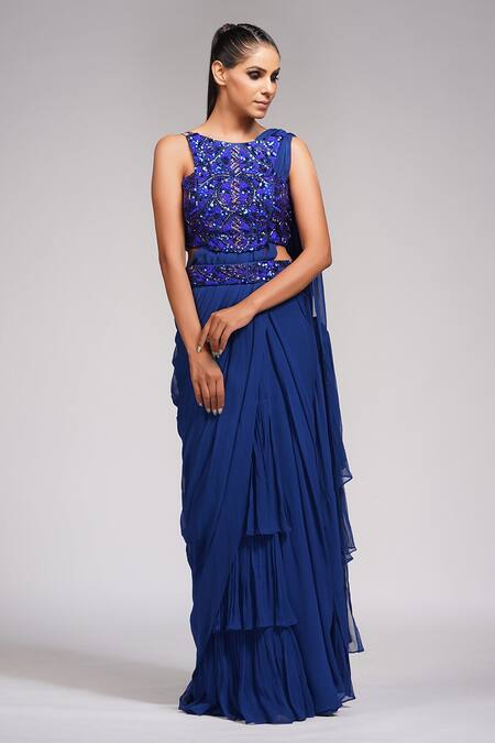 Buy_Shruti S_Blue Blouse Silk, Saree Georgette Pearl, Sequin Round Ruffle Pre-draped With_Online_at_Aza_Fashions