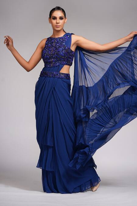 Shop_Shruti S_Blue Blouse Silk, Saree Georgette Pearl, Sequin Round Ruffle Pre-draped With_Online_at_Aza_Fashions