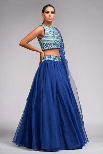 Shruti S_Blue Blouse Silk, Lehenga And Dupatta Organza Mirror, Set With Embroidered _Online_at_Aza_Fashions