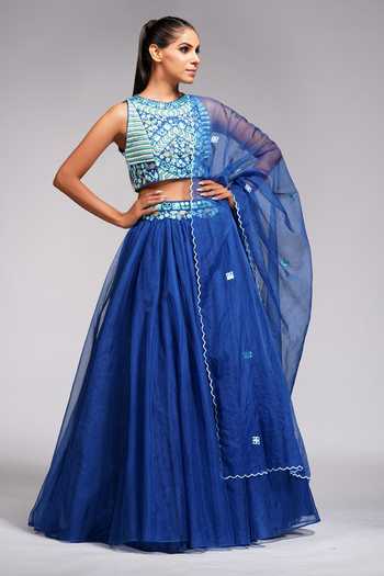 Buy_Shruti S_Blue Blouse Silk, Lehenga And Dupatta Organza Mirror, Set With Embroidered _Online_at_Aza_Fashions