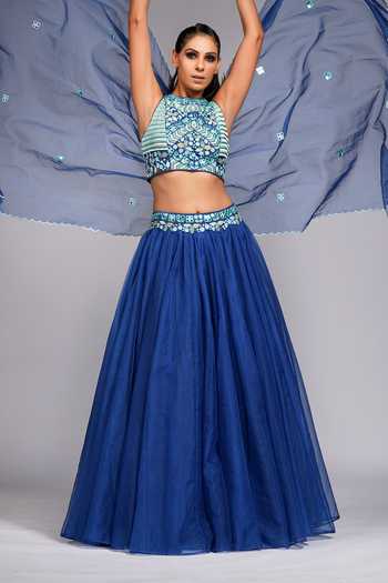 Shop_Shruti S_Blue Blouse Silk, Lehenga And Dupatta Organza Mirror, Set With Embroidered _Online_at_Aza_Fashions