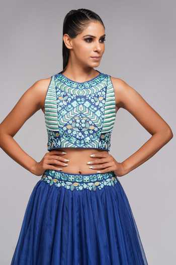 Shruti S_Blue Blouse Silk, Lehenga And Dupatta Organza Mirror, Set With Embroidered _at_Aza_Fashions