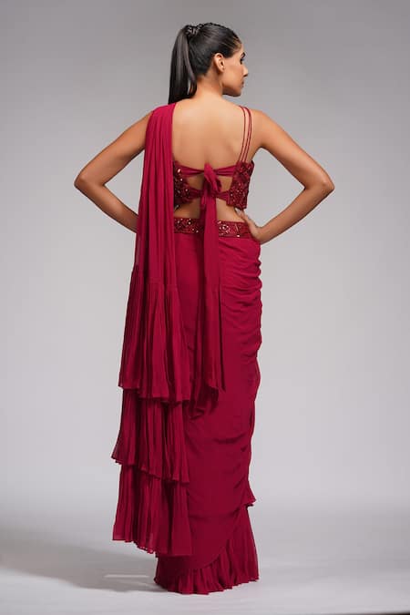 Shop Shruti S Red Blouse Silk, Saree Georgette Pearl, Sequin, Bead Ruffle Pre-draped With at Aza Fashions Shop_Shruti S_Red Blouse Silk, Saree Georgette Pearl, Sequin, Bead Ruffle Pre-draped With _at_Aza_Fashions