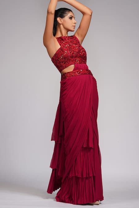 Shruti S Red Blouse Silk, Saree Georgette Pearl, Sequin, Bead Ruffle Pre-draped With Online at Aza Fashions Shruti S_Red Blouse Silk, Saree Georgette Pearl, Sequin, Bead Ruffle Pre-draped With _Online_at_Aza_Fashions