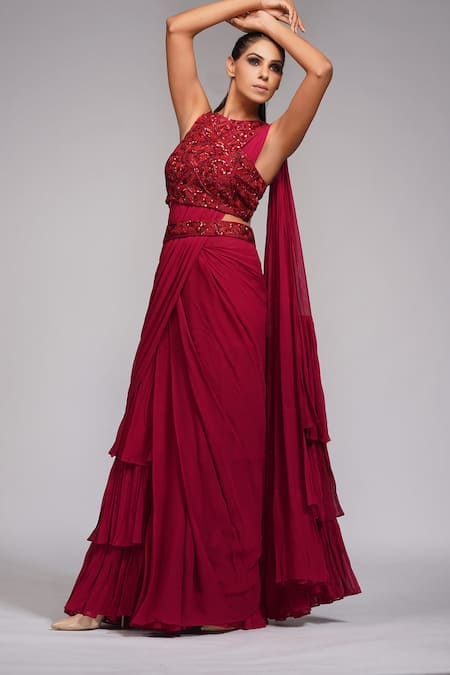 Buy Shruti S Red Blouse Silk, Saree Georgette Pearl, Sequin, Bead Ruffle Pre-draped With Online at Aza Fashions Buy_Shruti S_Red Blouse Silk, Saree Georgette Pearl, Sequin, Bead Ruffle Pre-draped With _Online_at_Aza_Fashions