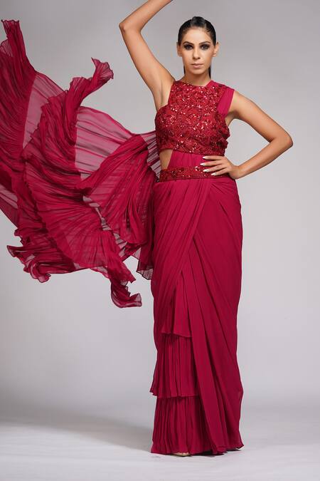 Shop Shruti S Red Blouse Silk, Saree Georgette Pearl, Sequin, Bead Ruffle Pre-draped With Online at Aza Fashions Shop_Shruti S_Red Blouse Silk, Saree Georgette Pearl, Sequin, Bead Ruffle Pre-draped With _Online_at_Aza_Fashions