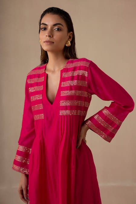 Buy_Sureena Chowdhri_Magenta Silk Chanderi And Organza Embroidery Haseen Kurta Palazzo Set _Online_at_Aza_Fashions