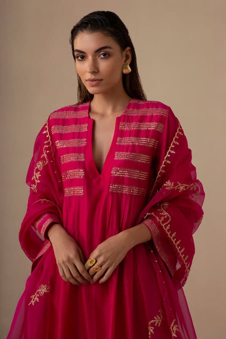 Shop_Sureena Chowdhri_Magenta Silk Chanderi And Organza Embroidery Haseen Kurta Palazzo Set _Online_at_Aza_Fashions