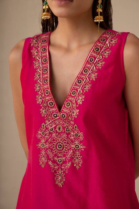 Shop_Sureena Chowdhri_Magenta Silk Chanderi And Organza Embroidery Sequin V Inayat Kurta Palazzo Set_Online_at_Aza_Fashions