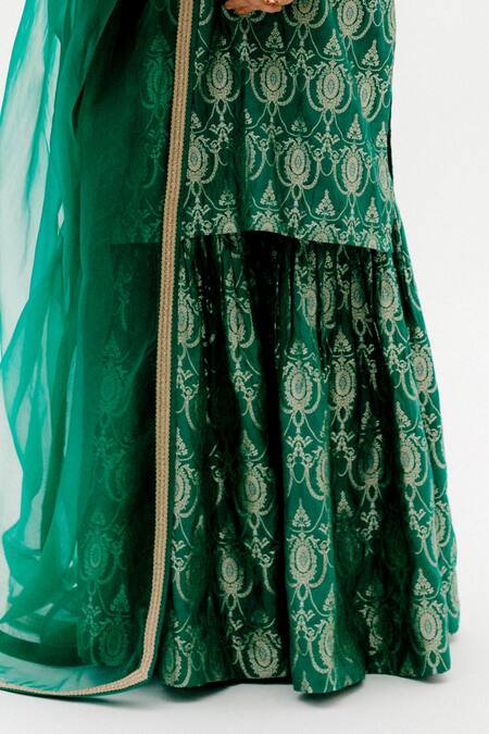 SOBARIKO_Green Organza, Banarasi Floral Blunt V Neck Woven Kurta Sharara Set_Online_at_Aza_Fashions