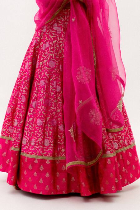 Shop SOBARIKO Pink Banarasi Floral V Neck Brocade Flared Lehenga Set Online at Aza Fashions Shop_SOBARIKO_Pink Banarasi Floral V Neck Brocade Flared Lehenga Set_Online_at_Aza_Fashions