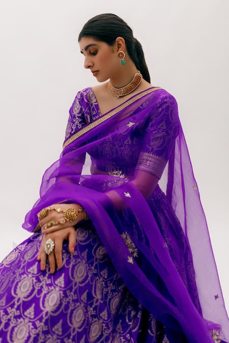 SOBARIKO_Purple Organza, Banarasi Floral V Neck Woven Brocade Lehenga Set_Online_at_Aza_Fashions