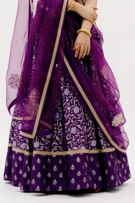 SOBARIKO_Purple Organza, Banarasi Floral V Neck Pattern Brocade Lehenga Set_Online_at_Aza_Fashions