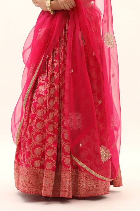 SOBARIKO_Pink Organza, Banarasi Floral V Neck Brocade Lehenga Set_Online_at_Aza_Fashions