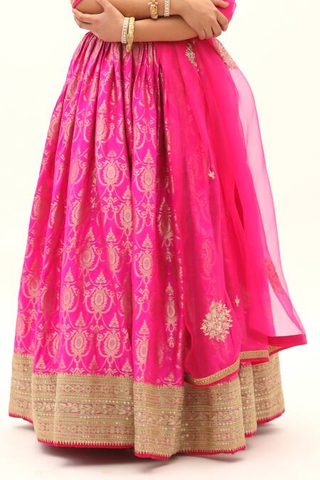 SOBARIKO_Fuchsia Organza, Banarasi Floral V Neck Brocade Lehenga Set_Online_at_Aza_Fashions