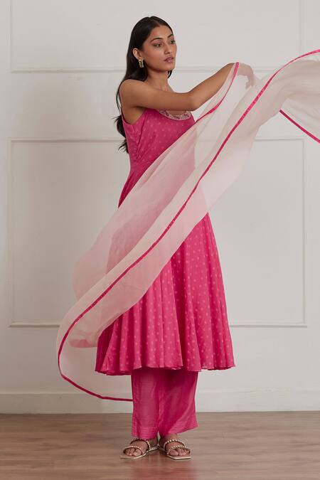 Label Nimbus_Fuchsia Kurta  Chanderi Silk Printed Floral Round Anarkali Pant Set_Online_at_Aza_Fashions