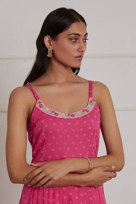 Shop_Label Nimbus_Fuchsia Kurta  Chanderi Silk Printed Floral Round Anarkali Pant Set_Online_at_Aza_Fashions