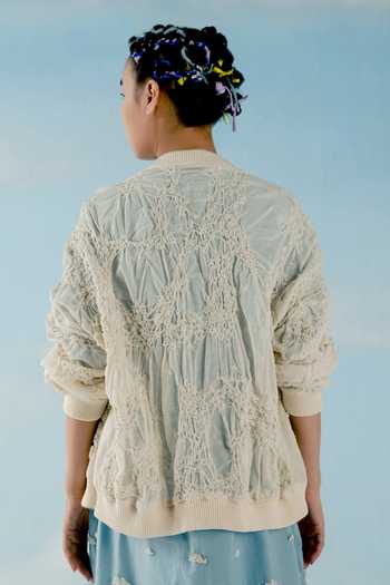Ilk_Ivory Cotton Mandarin Collar Embroidered Bomber Jacket _Online_at_Aza_Fashions