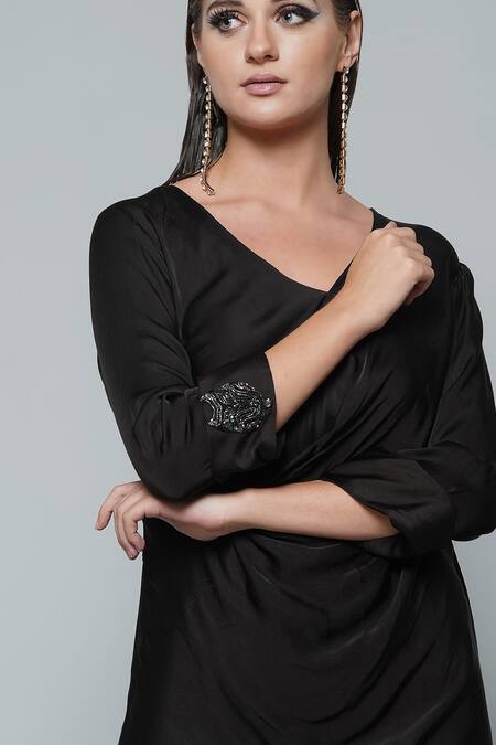 Shop_Angry Owl_Black Modal V Neck Alina Cowl Dress _Online_at_Aza_Fashions