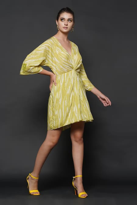 Angry Owl_Green Cotton Silk Geometric Print V Neck Rover Dress _Online_at_Aza_Fashions