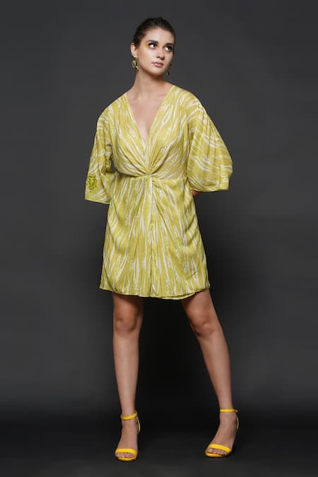 Buy_Angry Owl_Green Cotton Silk Geometric Print V Neck Rover Dress _Online_at_Aza_Fashions