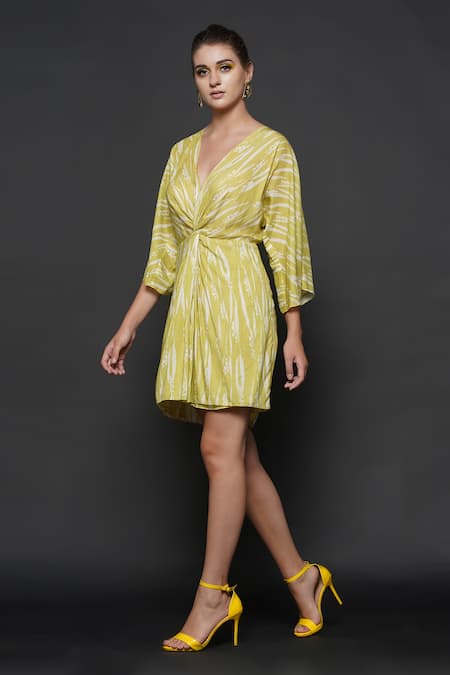 Shop_Angry Owl_Green Cotton Silk Geometric Print V Neck Rover Dress _Online_at_Aza_Fashions