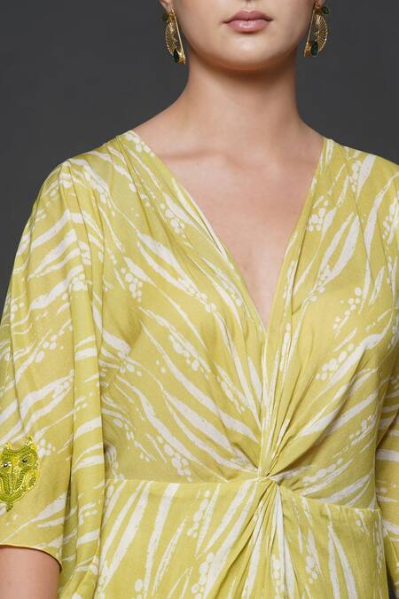 Angry Owl_Green Cotton Silk Geometric Print V Neck Rover Dress _at_Aza_Fashions