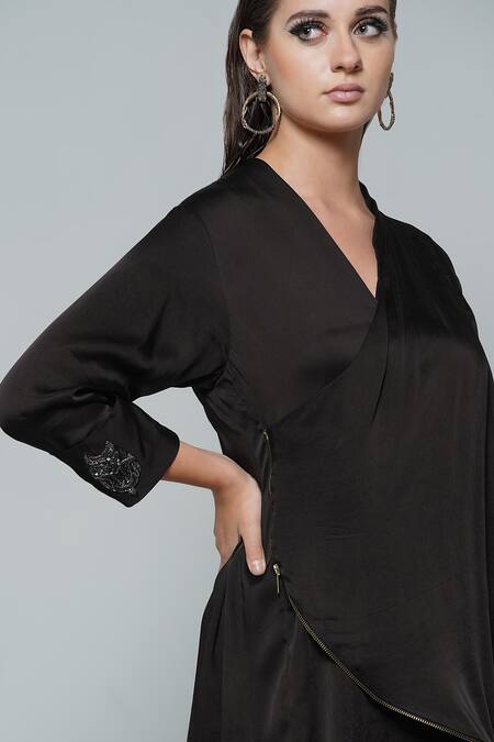 Shop Angry Owl Black Modal V Neck Zip It Draped Dress Online at Aza Fashions Shop_Angry Owl_Black Modal V Neck Zip It Draped Dress _Online_at_Aza_Fashions