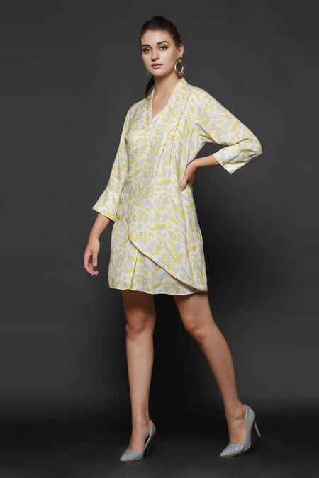 Angry Owl_White Cotton Silk Parrot Print Surplice Neck Wrap Dress_Online_at_Aza_Fashions